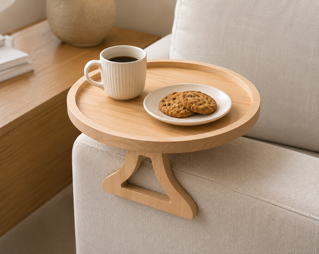 Round Wooden Sofa Armrest Tray