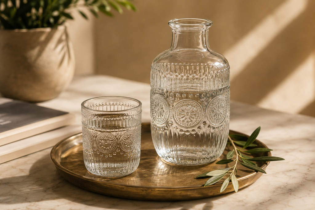 Vintage Embossed Glass Bedside Carafe & Tumbler Set