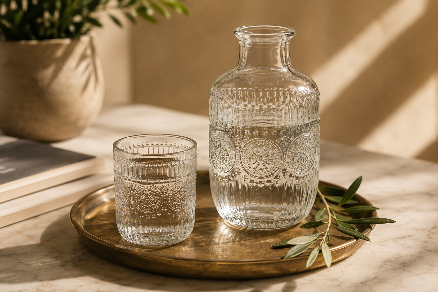 Vintage Embossed Glass Bedside Carafe & Tumbler Set