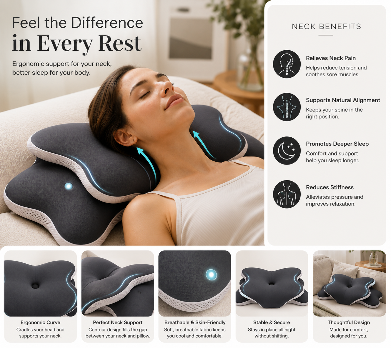 Ergonomic Memory Foam Neck Support Pillow