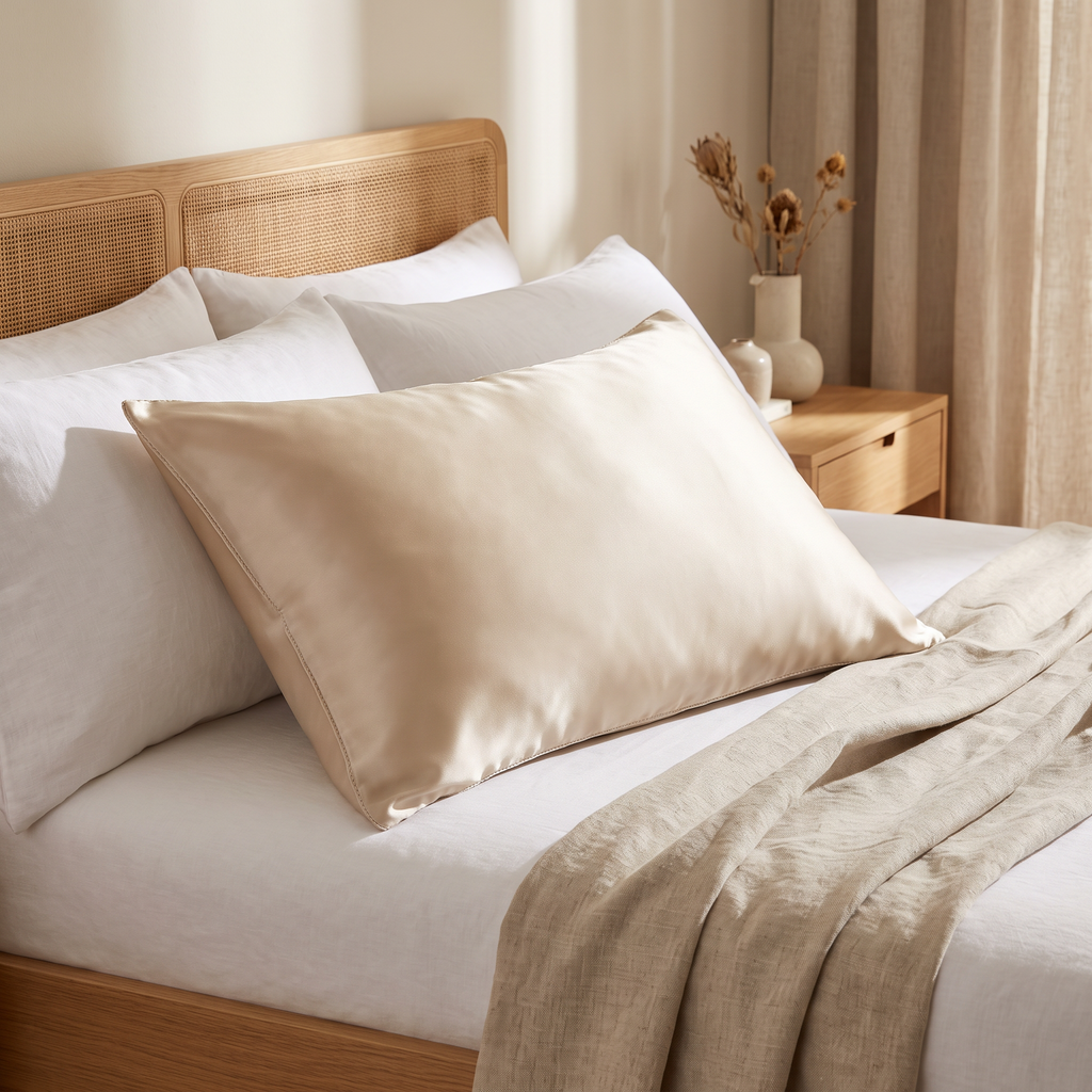 100% Mulberry silk pillowcase styled on a luxury hotel bed