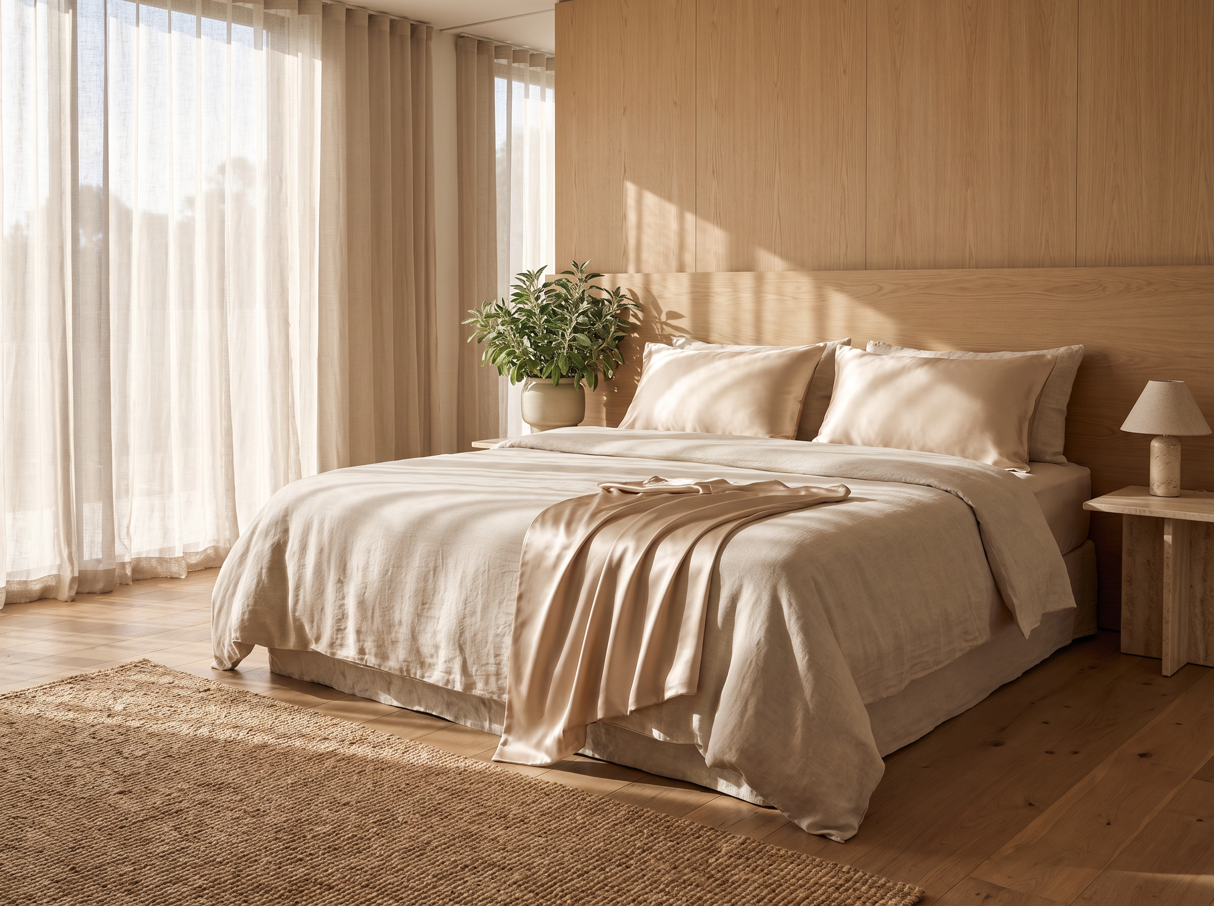 Wide view of a luxury boutique bedroom with silk pillowcases