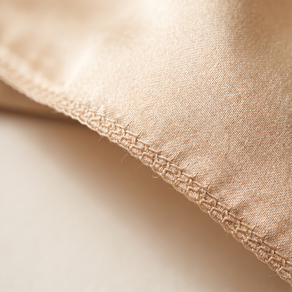 Close-up of Mulberry silk fabric texture and stitched edge