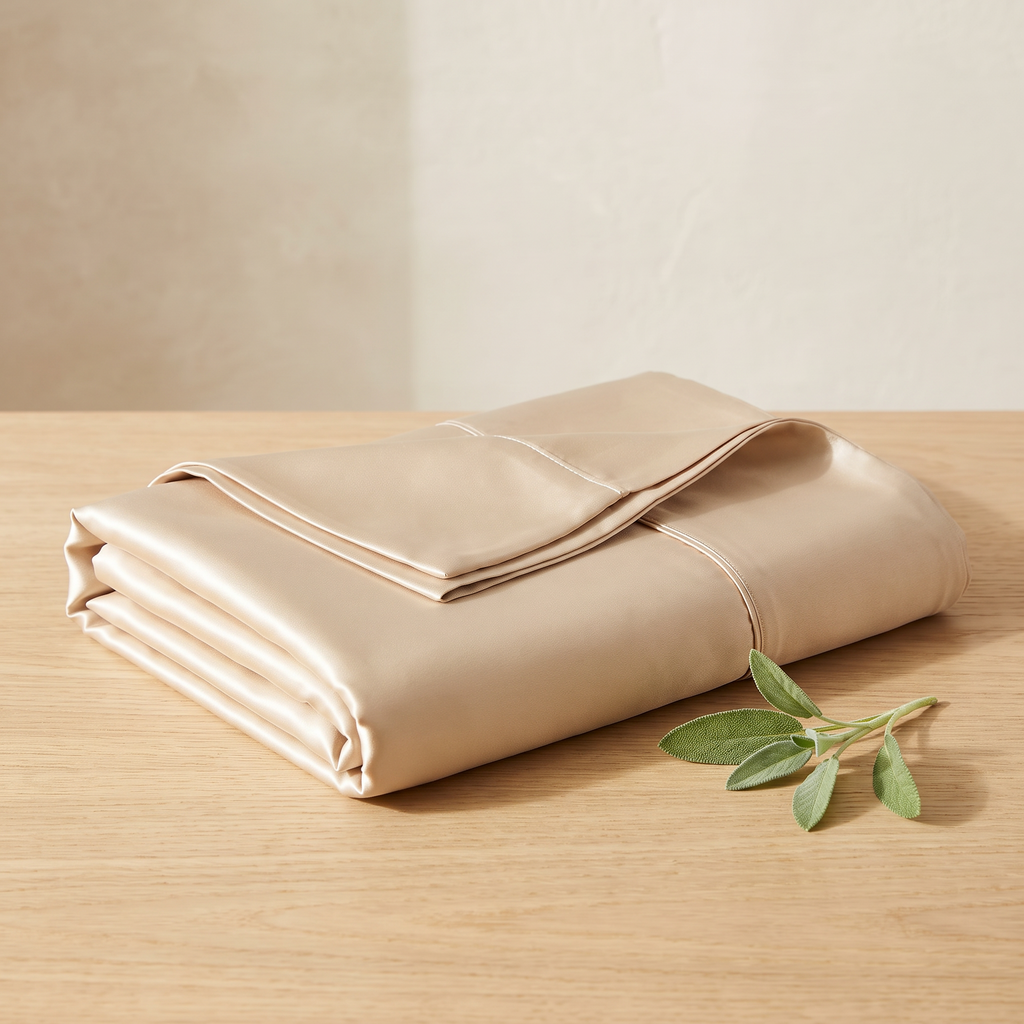 Folded Mulberry silk pillowcase on an oak surface