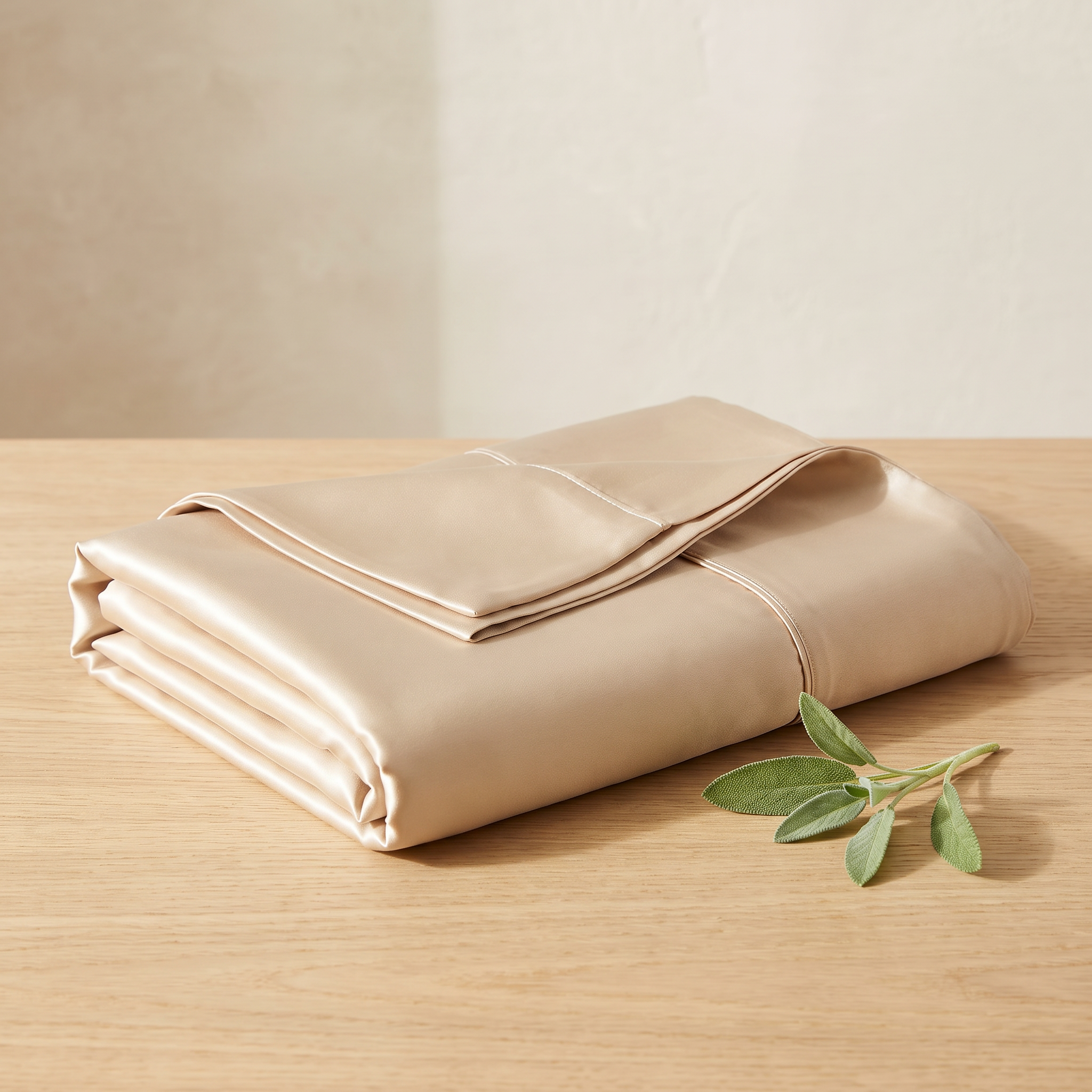 Folded Mulberry silk pillowcase on an oak surface